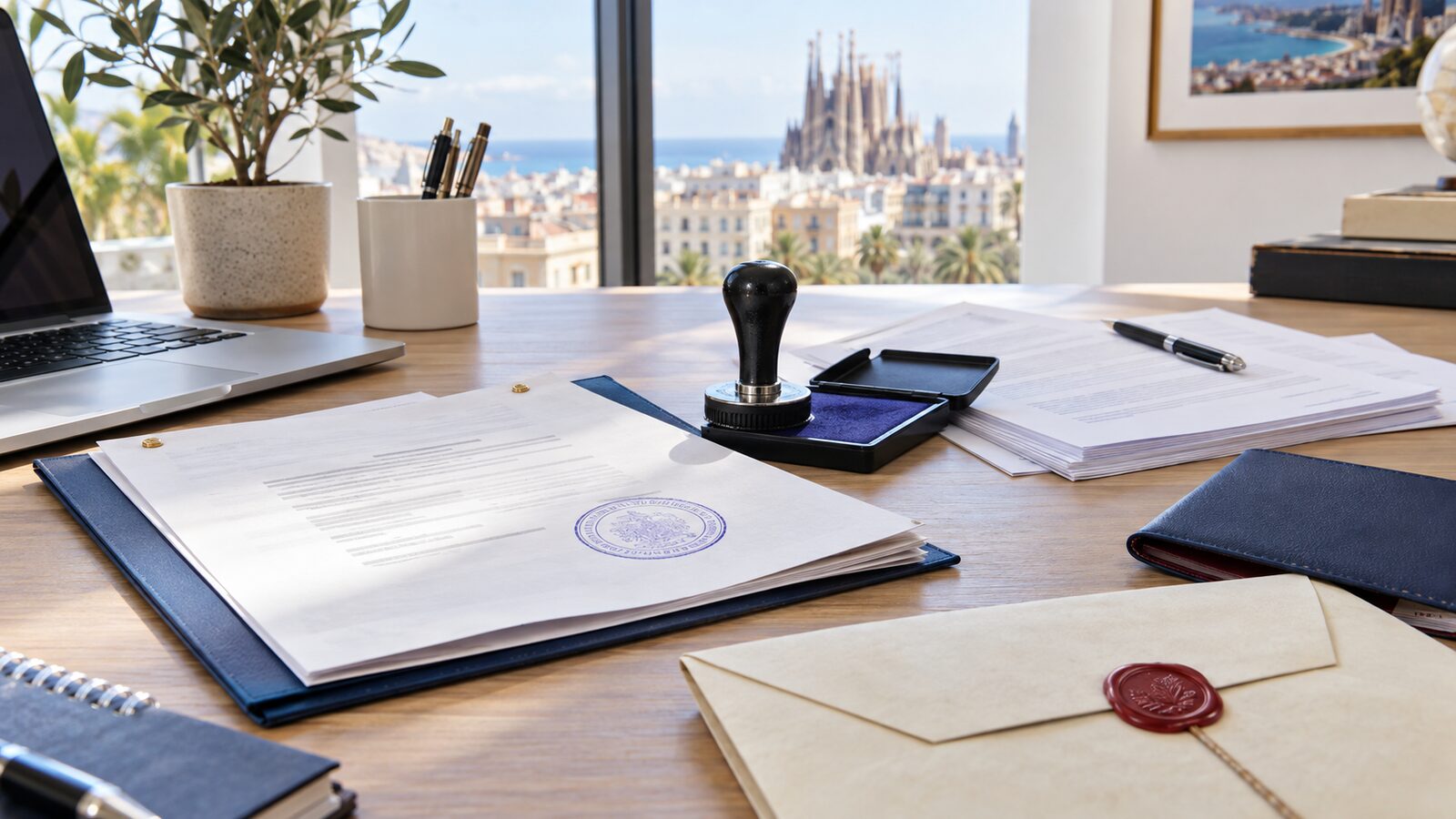 Stamped foreign documents and translation papers on a Barcelona desk for apostille and sworn translation preparation