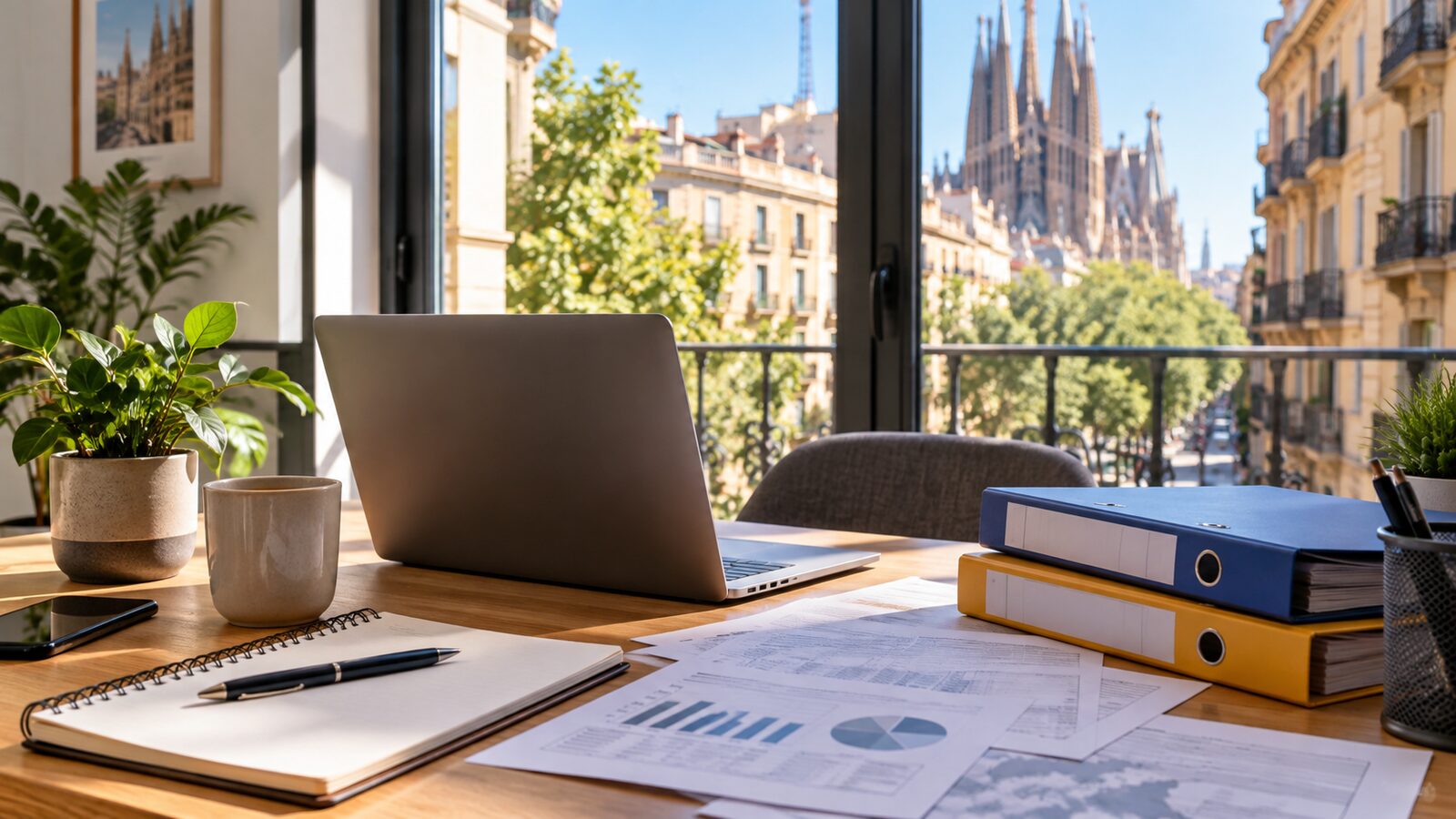 Laptop, folders and planning papers on a Barcelona desk for comparing autonomo and limited company options