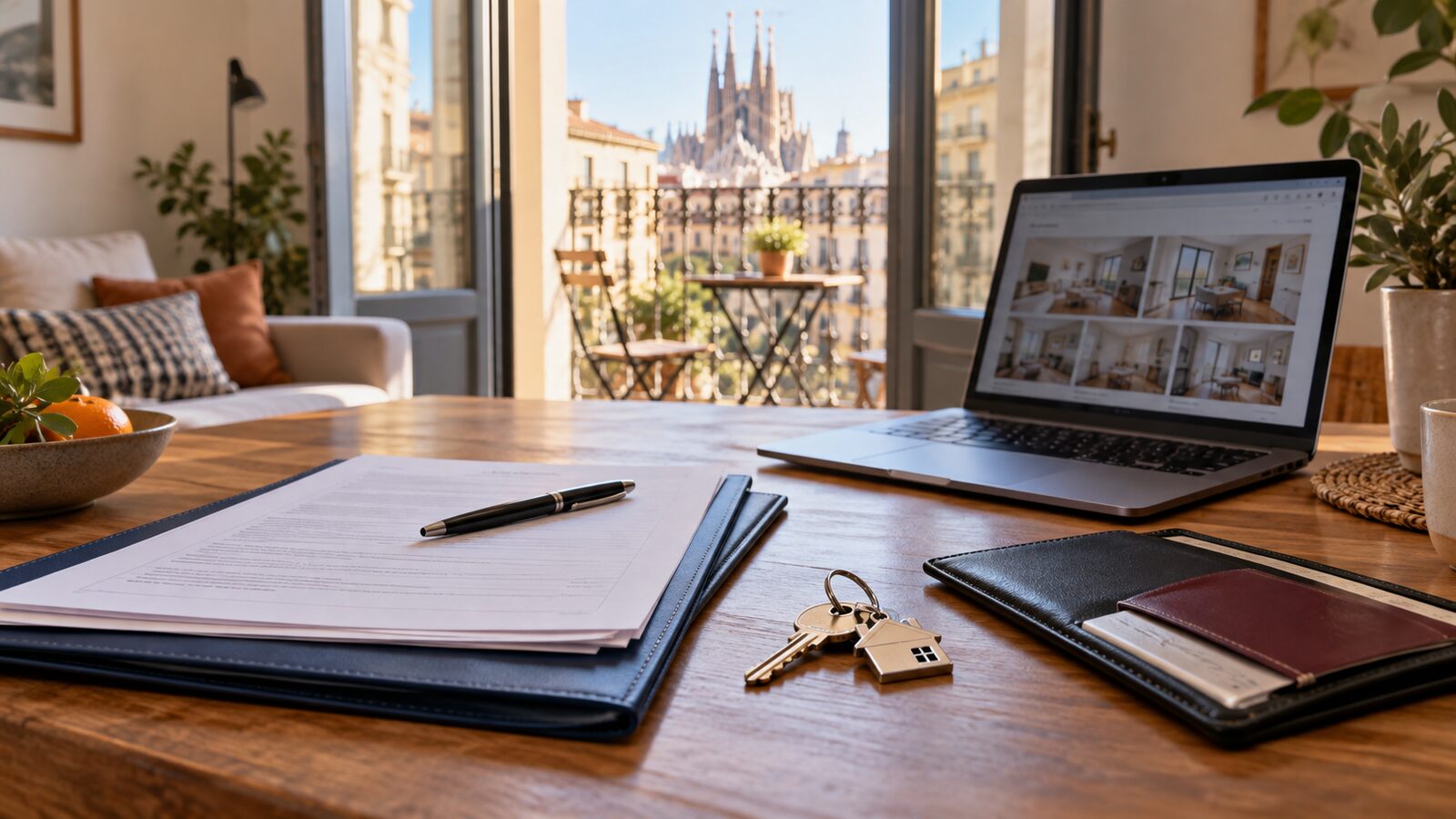 Rental folder, keys and laptop in a Barcelona apartment for an expat tenant preparing documents without a Spanish payslip