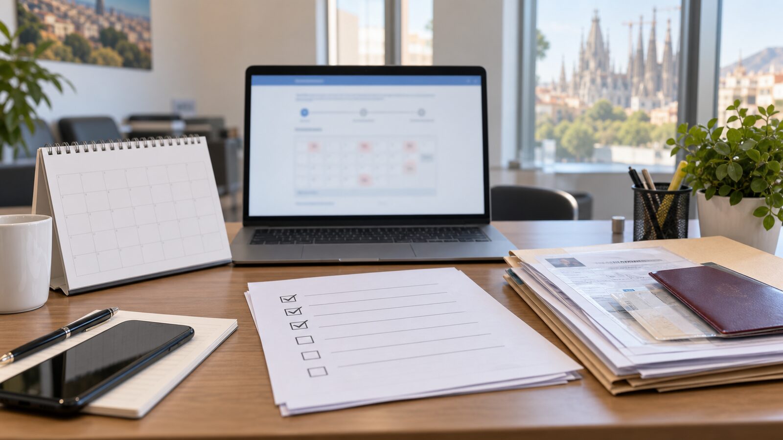 Calendar, laptop and immigration paperwork prepared for a scarce TIE appointment slot in Barcelona
